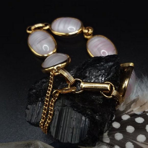 PINK Panel Bracelet | Signed | Beautiful Light Pink Glass, Fine Vintage Fashion - Picture 1 of 9